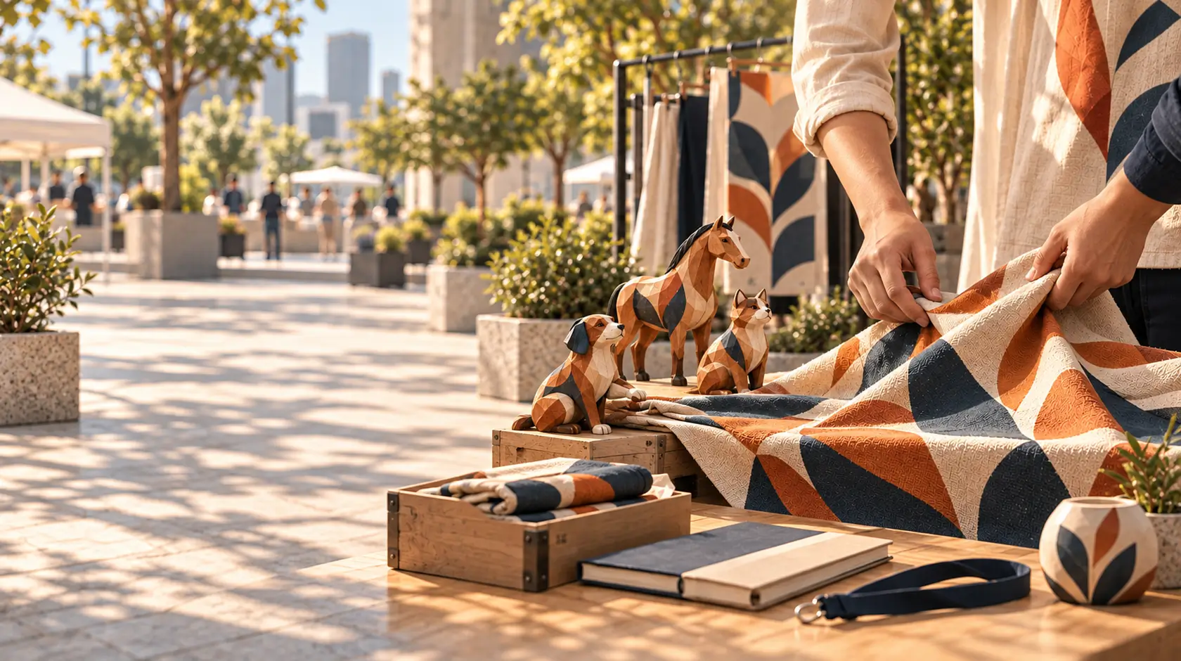 Hands assembling a shared collection of patterned merchandise alongside carved animal figures.