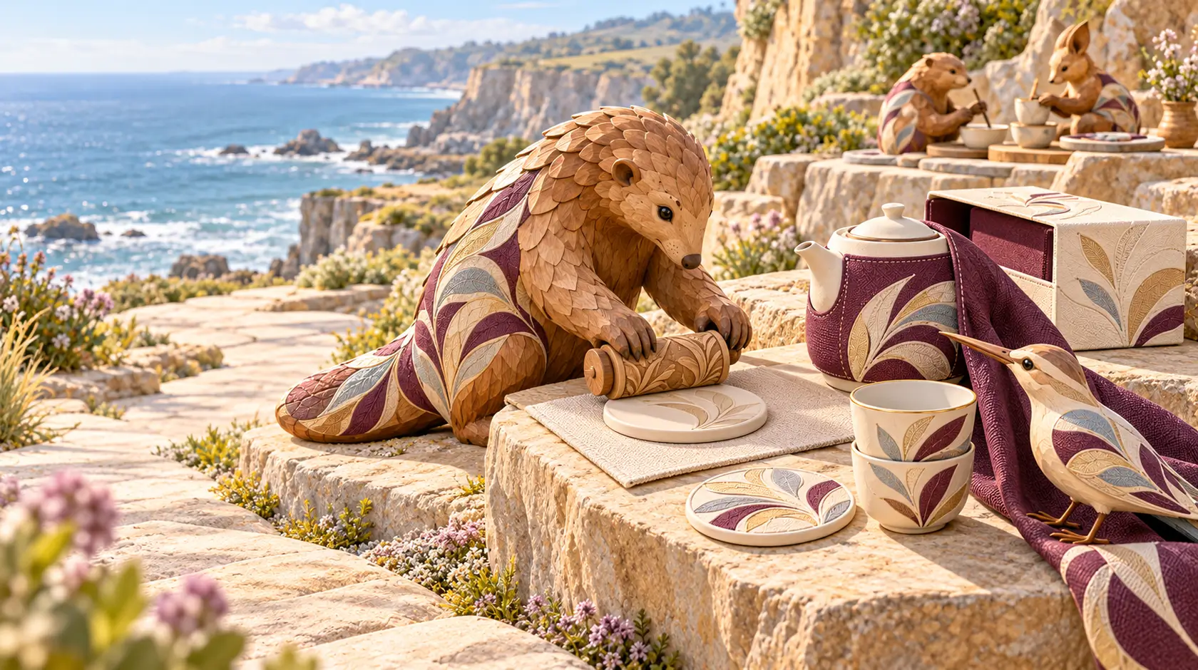Illustrative campus merchandise collection with coordinated ceramic products and packaging.